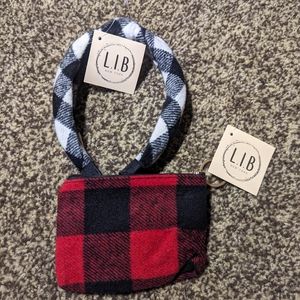 Buffalo plaid coin purse head band set NWT
